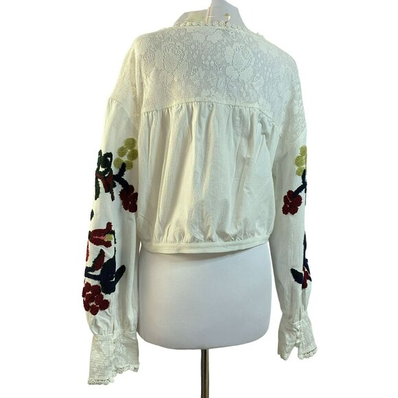 Free People Meadows Embroidered Peasant Top Artsy Hippie Boho Cropped Sz M NEW - Picture 5 of 12